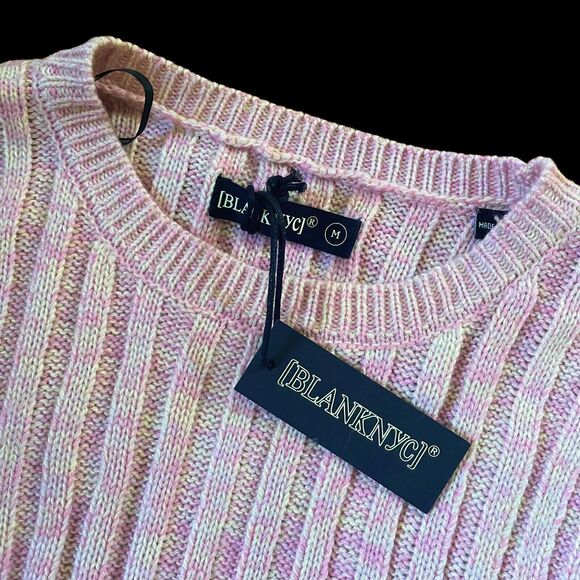 NEW BlankNyc M Heather Ribbed Crewneck Lilac Mist Pink Oversize Balloon Sleeves - Picture 3 of 6